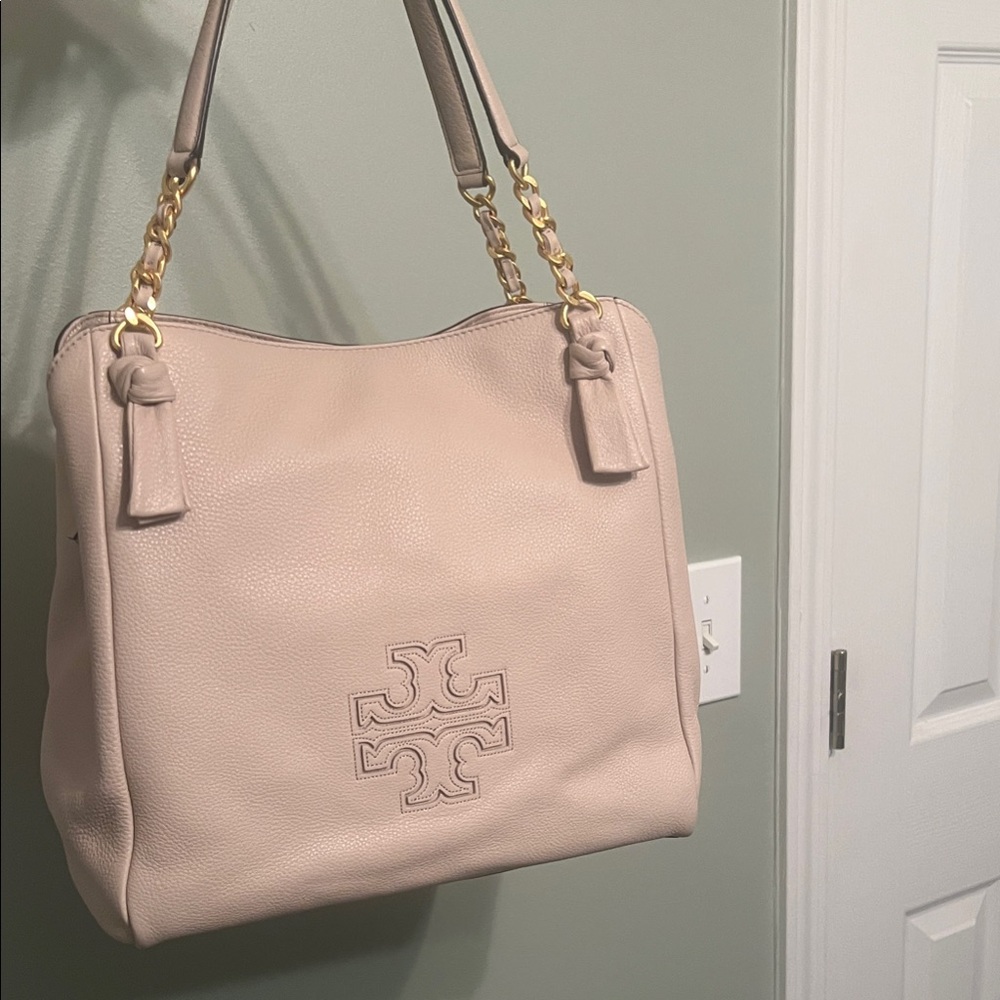 Tory Burch Pink Blush Biege Leather Tote with Gold Accents